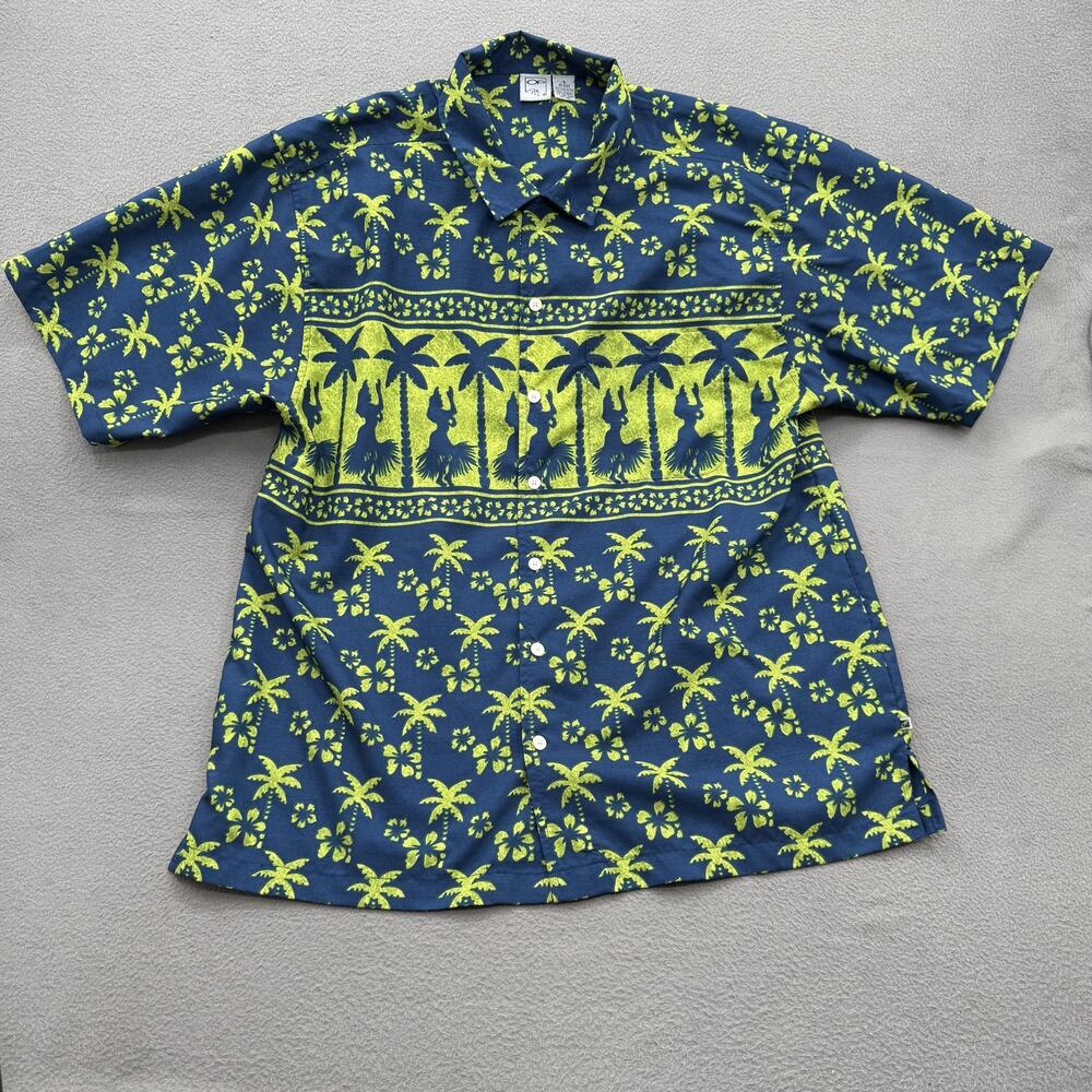 Vintage OP Shirt Mens Large Blue Hula Girl Palm Tree Hawaiian Tropical.
